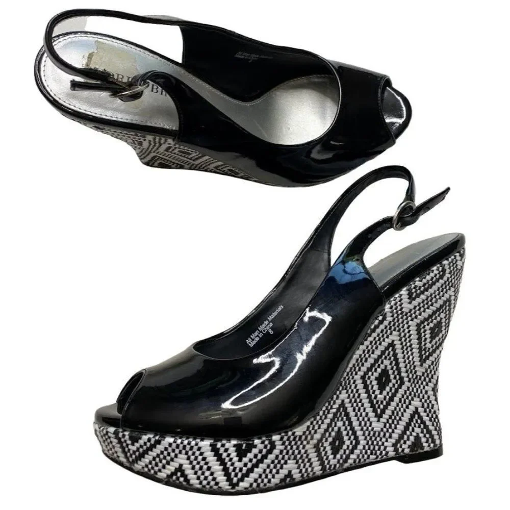 Audrey Brooke Peep Toe‎ Black White Patent Leather Wedge Slingback Shoe Sz 8